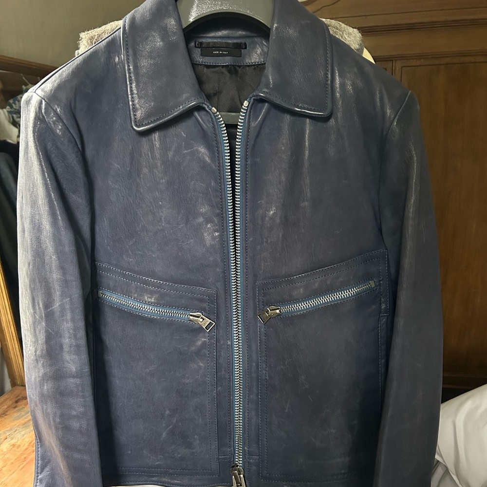 TOM FORD men’s leather jacket in Cerulean blue.